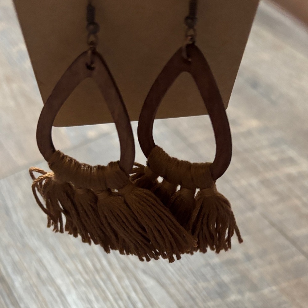 Boho Brown Tassel Wooden Earrings - Picture 4 of 5